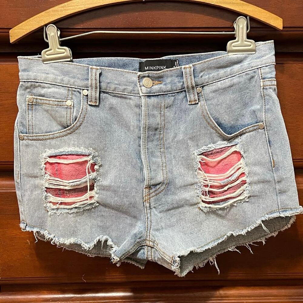 MinkPink women’s M shorts cutoff distressed patched denim button fly 5 pocket